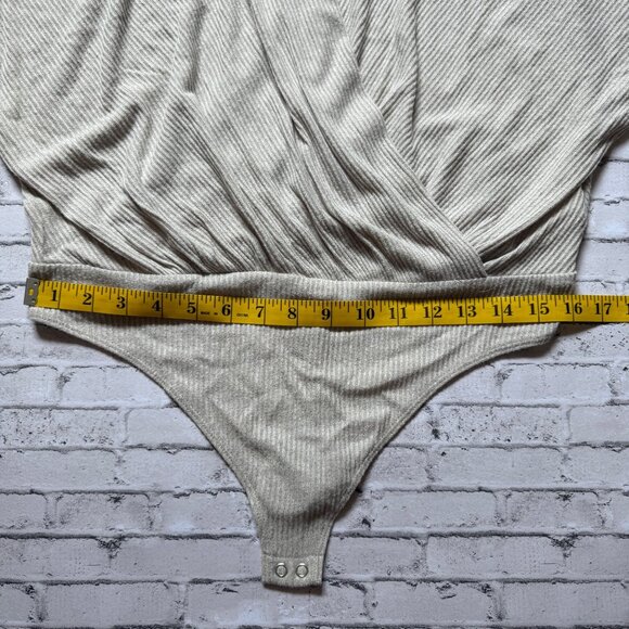 Express Beige Ribbed Wrap Bodysuit Top With Tie Waist Womens L - Picture 13 of 13